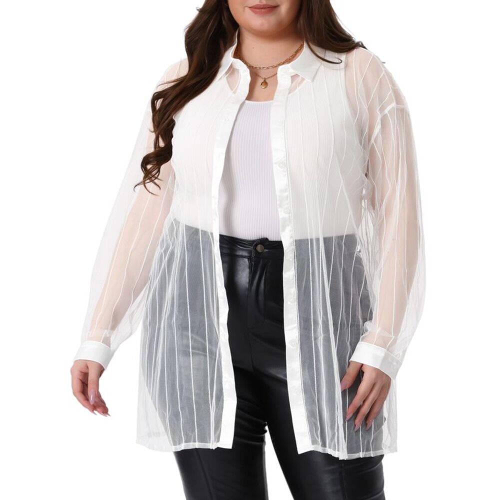 Plus Size Mesh Sheer Long Sleeve Button Down See Through Tops White
